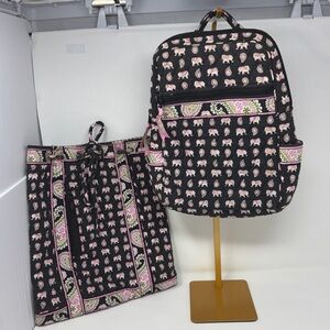 Vera Bradley VTG Pink Elephants Backpack & Drawstring Bag Lot Retired 2007